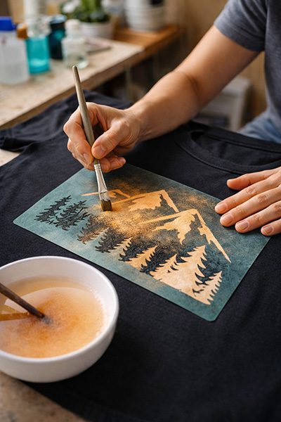 T‑shirts manches longues noir avec illustration de montagnes et soleil stylisés