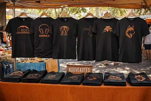 T-shirts DJ Design présentée sur un stand de marché