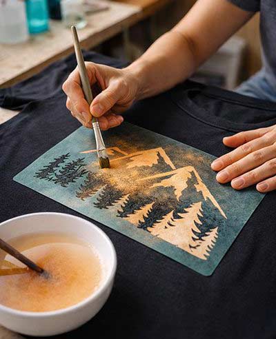 T‑shirts manches longues noir avec illustration de montagnes et soleil stylisés
